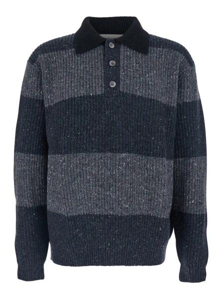 Tricou Polo Grey Polo Shirt with Ribbed Design and Striped Motif in Wool Man