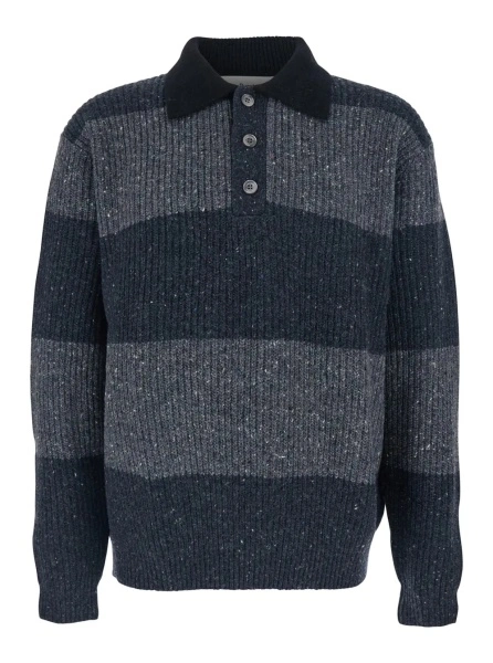 Tricou Polo Grey Polo Shirt with Ribbed Design and Striped Motif in Wool Man