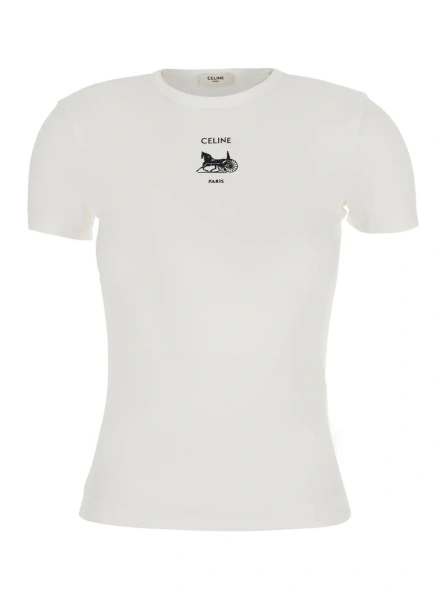 Tricou White Crewneck T-Shirt with Logo on the Front in Cotton for Women