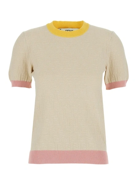 Tricou White T-Shirt 'COLOR BLOCK FF SHORT SLEEVES TEE' with Fendi Logo in Cotton Women
