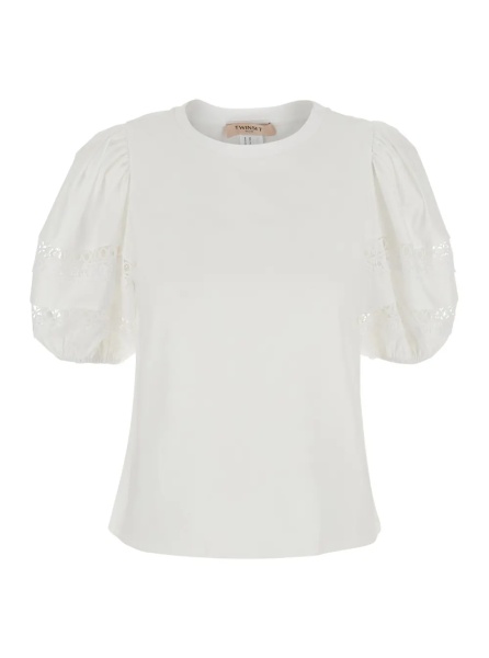 Tricou White T-Shirt with Embroidery Details on the Sleeves and Round Neck in Cotton for Women