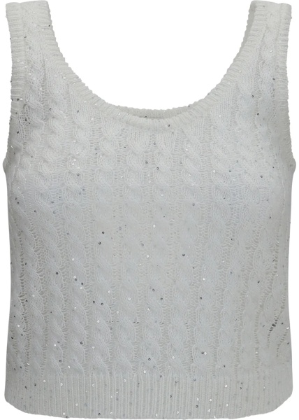 Vesta White linen knit Tank Top with sequins