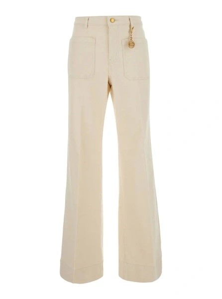 Blugi Cream White High-Waisted Jeans with Logo Pendant in Denim for Women