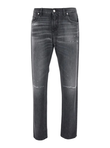 Blugi Grey Jeans with Ripped Details and Logo Patch on the Pocket in Denim for Men