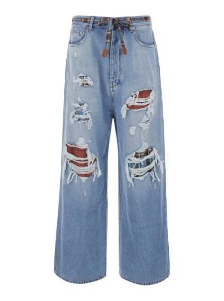 Blugi Light Blue Jeans with Ripped Details on the Front and Bow on the Waist in Denim for Men