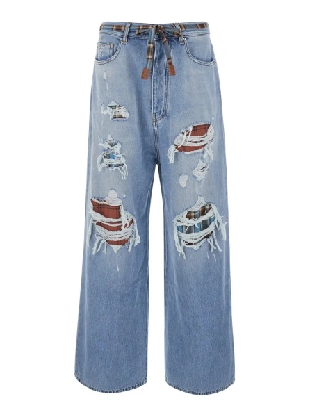 Blugi Light Blue Jeans with Ripped Details on the Front and Bow on the Waist in Denim for Men
