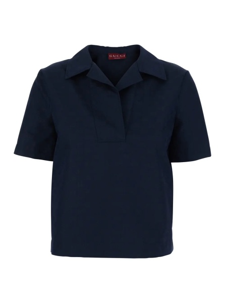 Bluza Blue Blouse with Wide Collar and V-Neck in Cotton Blend for Women