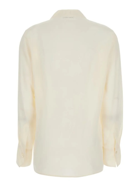 Bluza white Blouse with V-neck and long sleeves in silk for women
