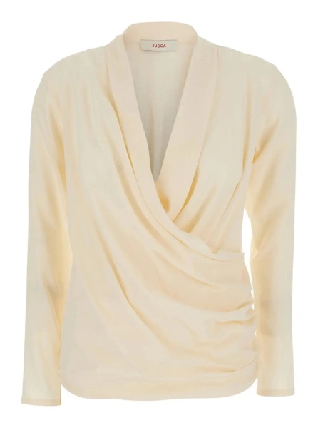 Bluza White V-Neck Blouse with Draping on the Front for Women