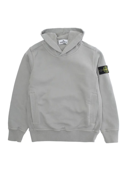 Bluze Grey Hoodie with Fixed Hood and Logo Patch on the Sleeve in Cotton Boy