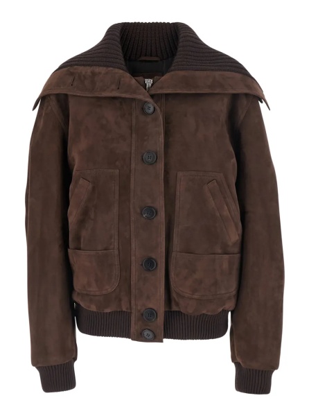Bomber Brown Bomber Jacket with High Ribbed Collar in Suede for Women