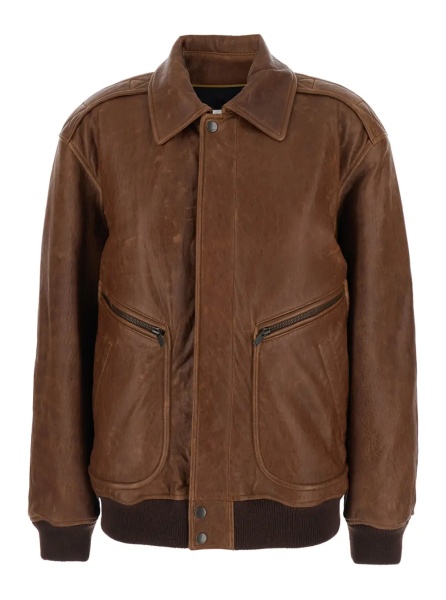Bomber Brown Leather Bomber Jacket with Classic Collar for Women