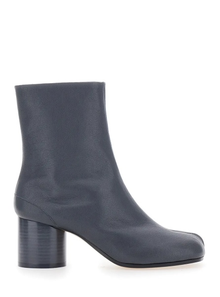 Botine Grey Ankle Boots with Tabi Toe and High Block Heel in Leather for Women