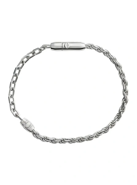 Bratari Silver Bracelet with Two Contrasting Chains and Press-Stud Closure in Sterling Silver for Men