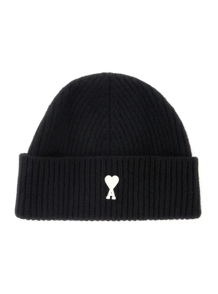 Caciula Beanie with contrast AMI DE COEUR in black wool unisex