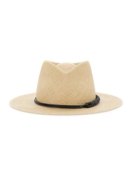 Caciula Beige Bucket hat with wide brim and ribbon detail in Raffia for Women