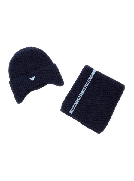 Caciula Blue Hat with Brim and Cuff and Logo on Front in wool Blend Boy