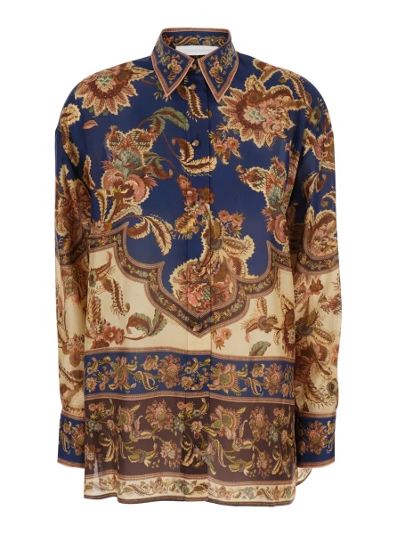 Camasa 'Aster' Multicolor Shirt with Classic Collar and All-Over Print in Silk for Women