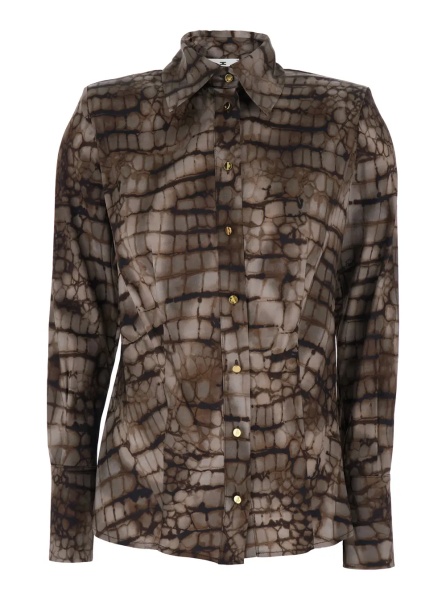 Camasa Brown Shirt with Classic Collar and All-Over Print in Stretch Viscose for Women