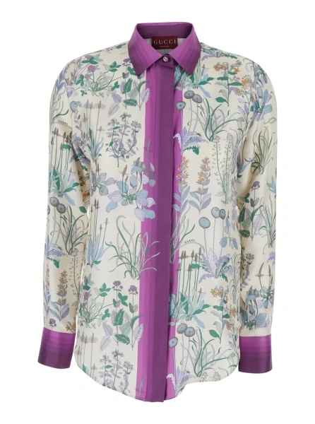 Camasa Multicolor Shirt with Classic Collar and All-Over Print in Silk for Women