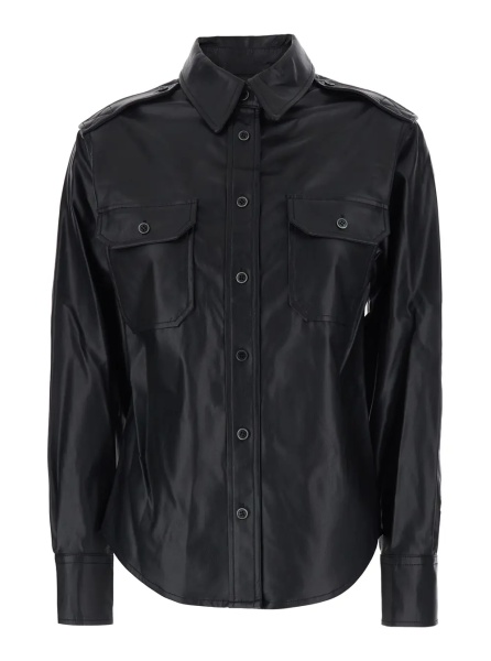 Camasa 'Noee' Black Shirt with Classic Collar and Patch Pockets on the Front in Ecoleather for Women
