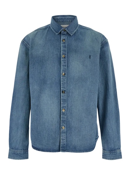 Camasa Shirt with Classic Collar and Cassandre Embroidery on the Front in Light Blue Denim for Men