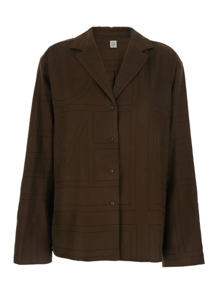 Camasa TOTÊME Brown long-sleeved Shirt with Notched Revers and All-Over Monogram Print in Modal for Women