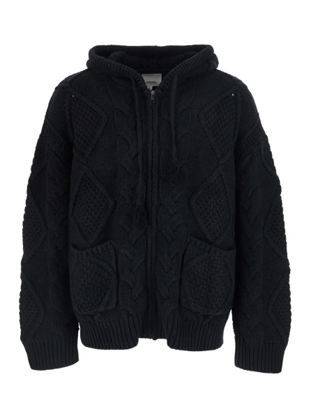 Cardigan Black Hooded Cardigan with All-Over Embroidery in Wool for Men