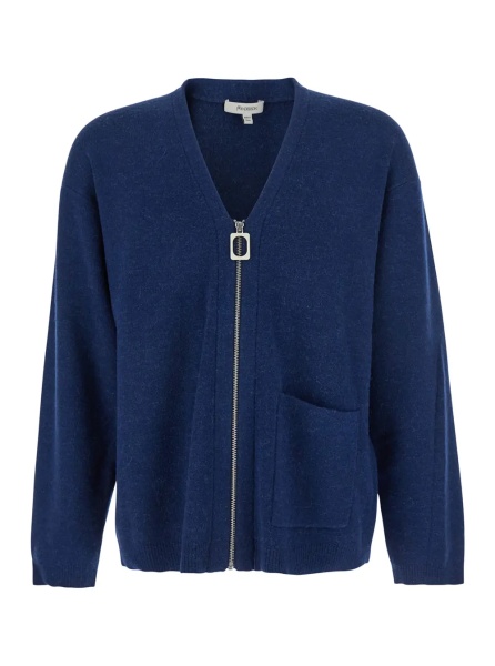 Cardigan Blue Cardigan with V Neck and and Front Zip Closure in Wool Blend Man