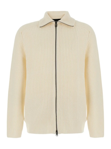 Cardigan White Cardigan with zip closure and ribbed design in Blend wool for men