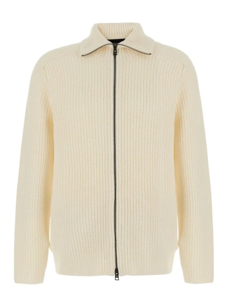 Cardigan White Cardigan with zip closure and ribbed design in Blend wool for men
