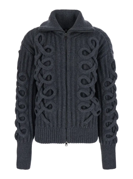 Cardigane Cardigan in knit with collar and front closure, in wool, gray, unisex