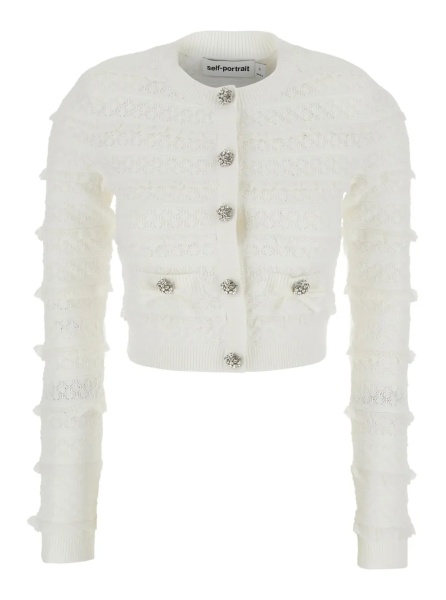 Cardigane CARDIGAN 'WHITE POINTELLE DIAMANTE' with Long Sleeves in White Knit for Women