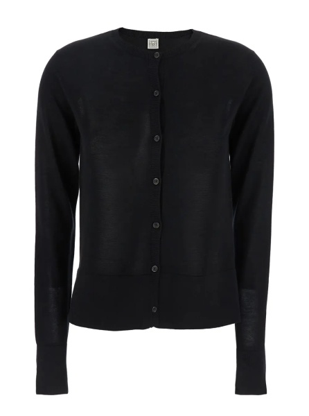 Cardigane TOTÊME Black Crewneck Cardigan with Logo Detail on the Front in Tech Fabric Stretch Woman