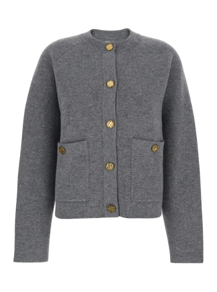 Cardigane TOTÊME Grey Crewneck Cardigan with Jewel Buttons and Two Front Patch Pockets in Wool Woman