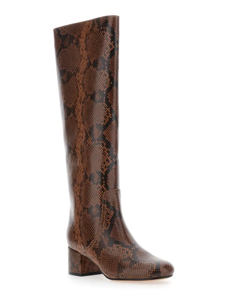 Cizme Brown Knee Boots with Python Effect in Leather Woman