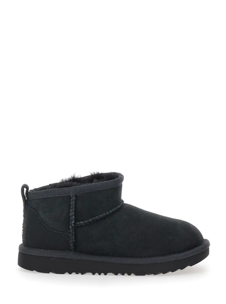 Cizme UGG 'Ultra Mini' Black Suede Ankle Boots with Tone-on-Tone Stitching and Flat Rubber Sole, Black, Girl