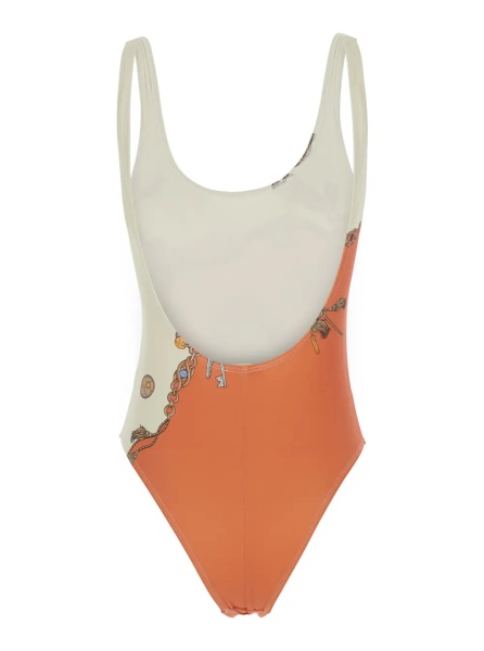 Costum de baie Orange and white swimsuit with Stolen Jewelry print and bicolor design in tech fabric for women