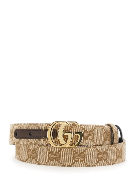 Curea Beige Reversible belt with GG buckle in GG canvas and leather for women