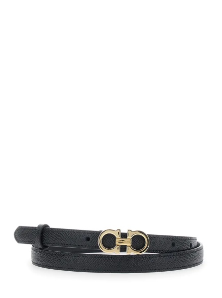 Curea Black Belt with Gancini Buckle Closure in Grained Leather for Women