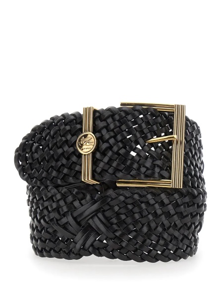 Curea Black belt with woven design and Pegaso logo in leather for women