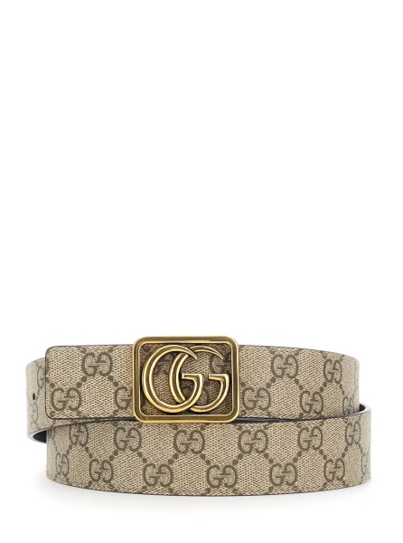 Curea 'GG Marmont' Beige Reversible Belt with GG Buckle on the Front in GG Supreme Fabric and Leather Man