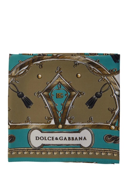 Esarfa Green Silk Scarf with All-Over Print and Logo Lettering on the Front for Men