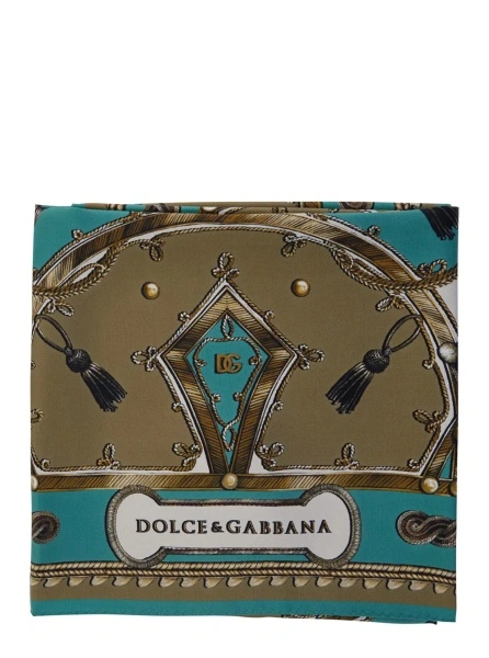 Esarfa Green Silk Scarf with All-Over Print and Logo Lettering on the Front for Men