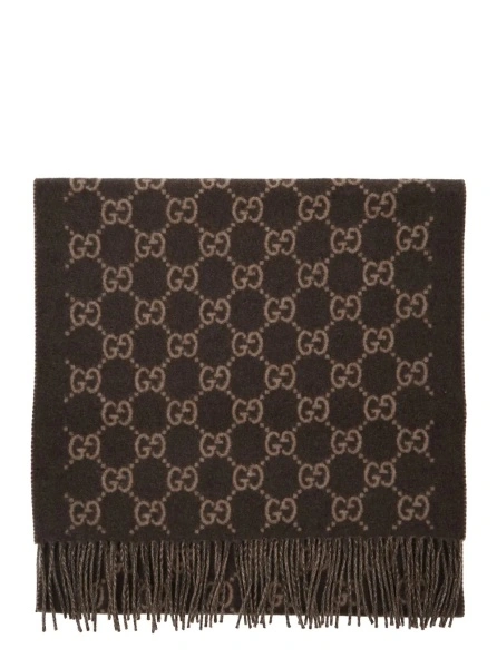 Esarfa Scarf 'GG' with All-Over Motif and Fringed Edge in Brown for Men