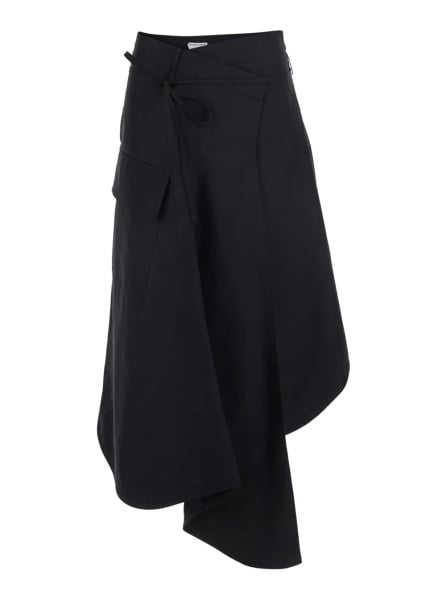 Fusta Black Asymmetrical Skirt with Drawstring and Button Closure in Cotton for Women