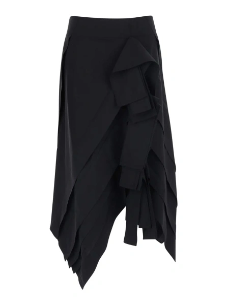 Fusta Black Midi skirt with all-over ruffles in wool for women