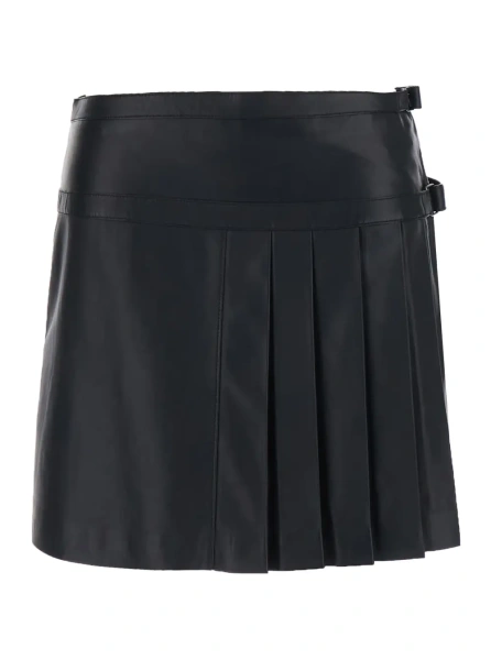 Fusta Black Miniskirt with pleated details on the front and side belt closure with buckles in leather for women