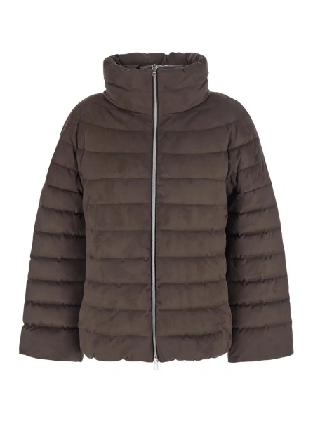 Geaca de Iarna brown Down jacket with high collar and design in faux suede in fabric for women