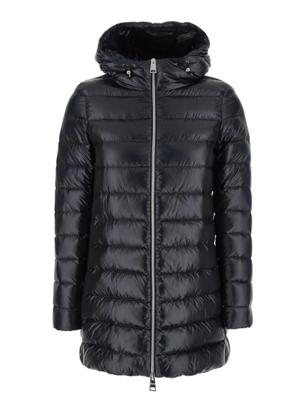 Geaca de Iarna Down jacket with fixed hood and zip pockets in black tech fabric for women